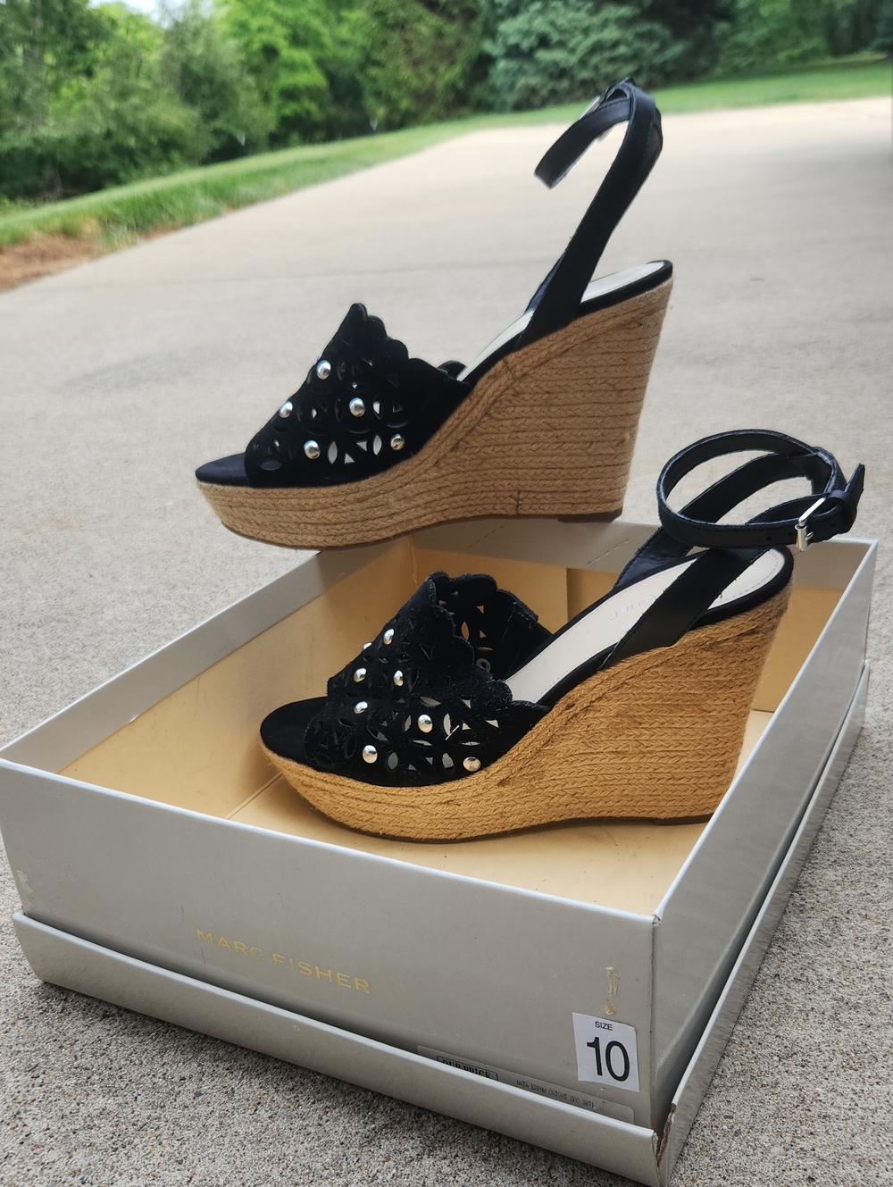 Marc Fisher Black Cutout Espadrille Wedge Sandals
